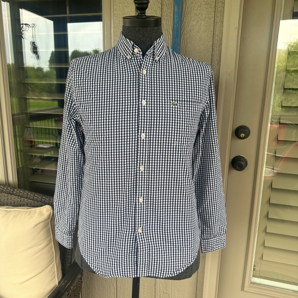 LACOSTE 🐊 Men’s Navy & White Gingham All Cotton Button Down Shirt - Size MED - Picture 9 of 15